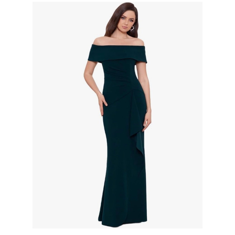 Xscape Women's Long Scuba Crepe Off-The-Shoulder Dress 3008X Size 4 Ruffle